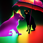 Colorful cats under red umbrella on reflective surface