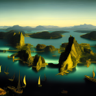 Tranquil seascape with islands, boats, and golden light reflections