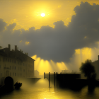 Tranquil Sunset Scene Over River with Silhouetted Buildings and Boats