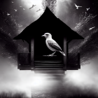 Monochrome image of bird on birdhouse in foggy setting