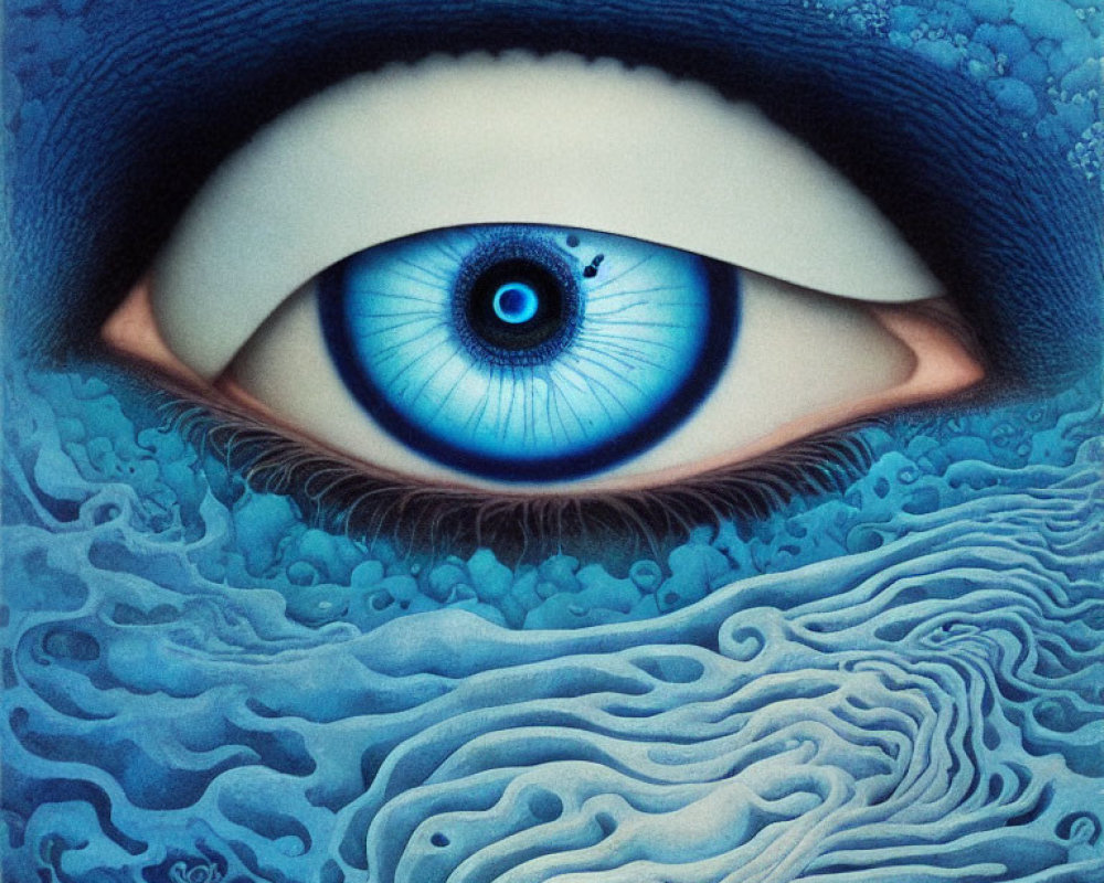 Detailed Blue Eye with Wave-Like Iris and Ocean Textures in Shades of Blue