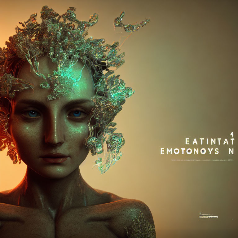 Digital artwork: Woman with metallic foliage in warm light on dark background