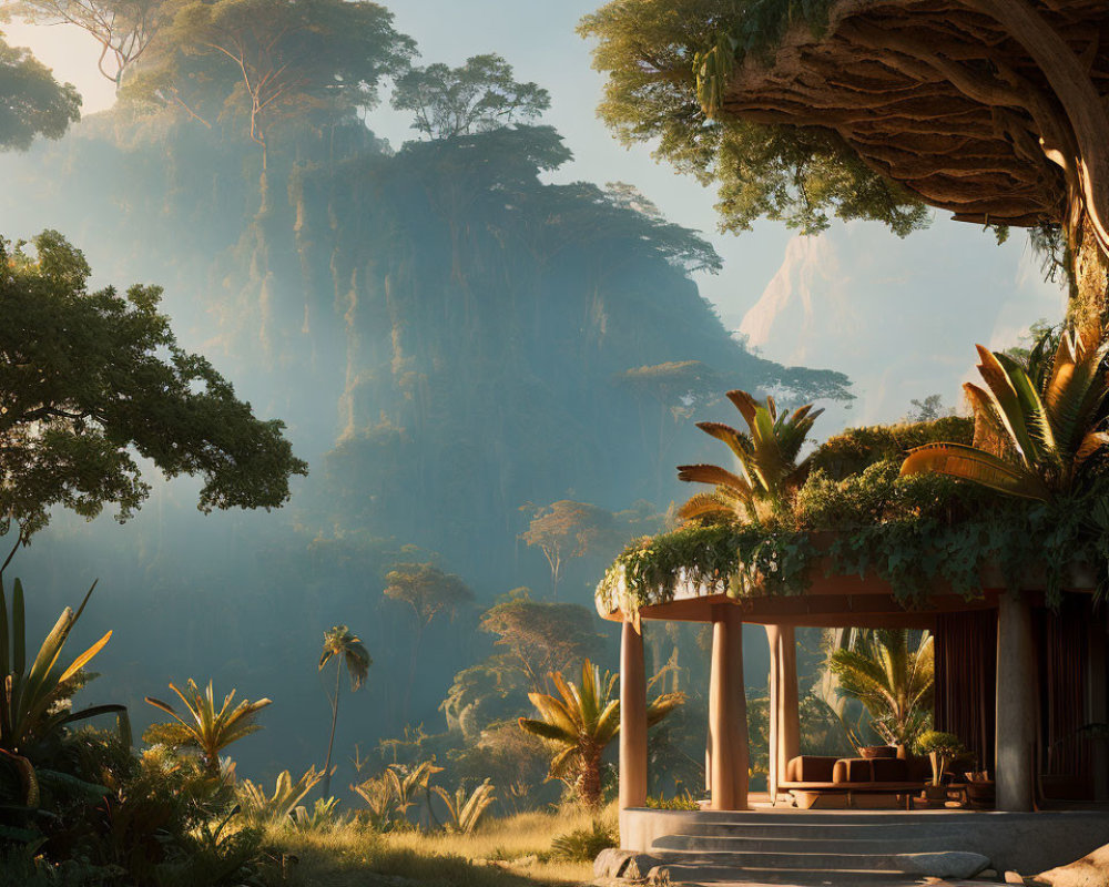 Tranquil jungle sunrise with modern gazebo, lush greenery, towering trees