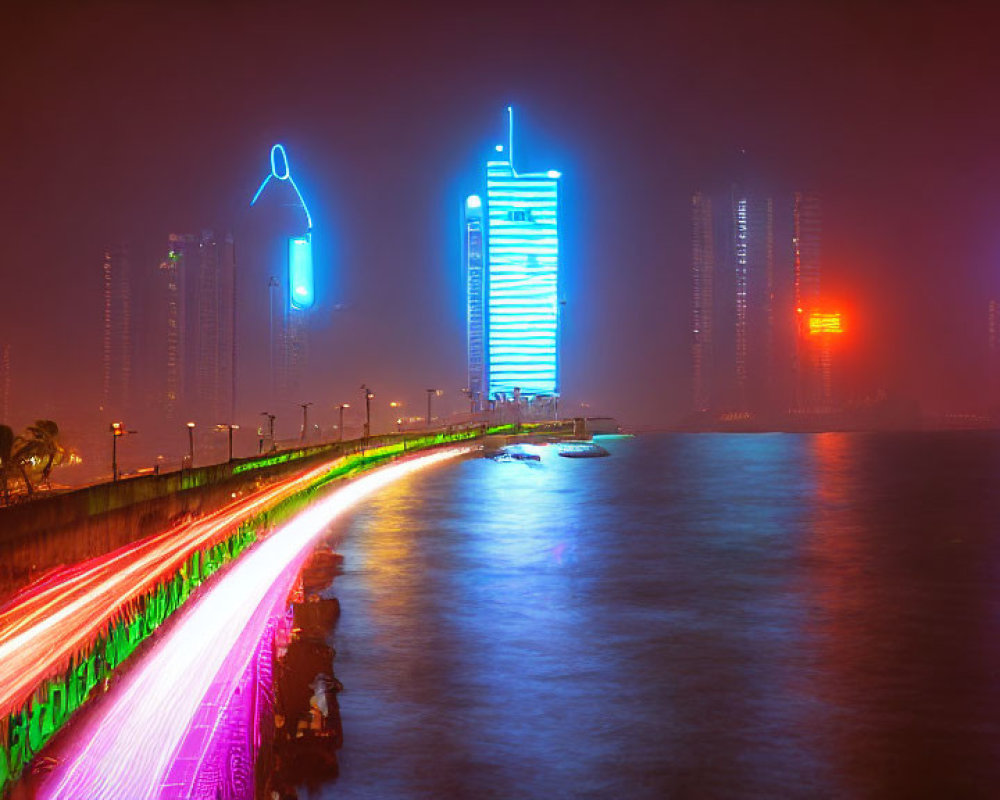 Colorful illuminated skyscrapers in vivid nighttime cityscape by waterfront promenade.