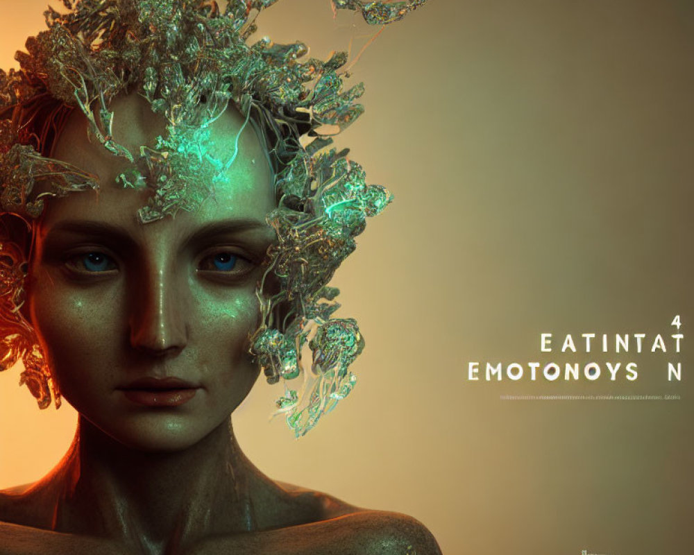 Digital artwork: Woman with metallic foliage in warm light on dark background