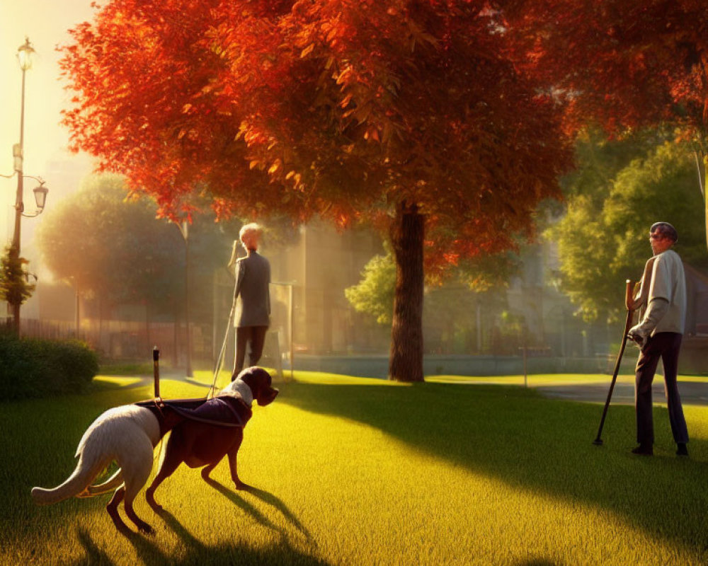Elderly individuals in sunlit park with cane and dog, lush green grass, red-leaved