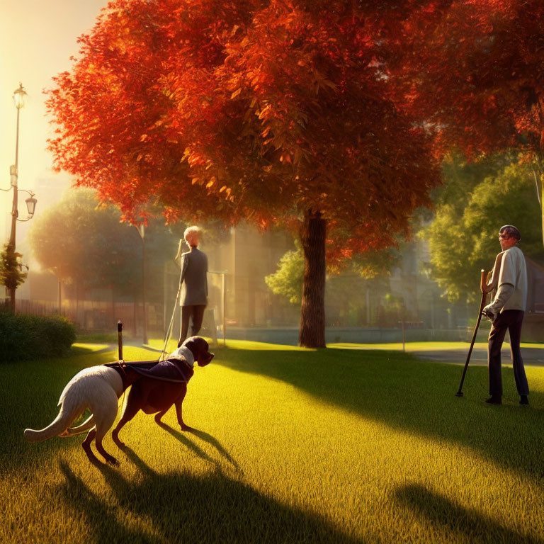 Elderly individuals in sunlit park with cane and dog, lush green grass, red-leaved
