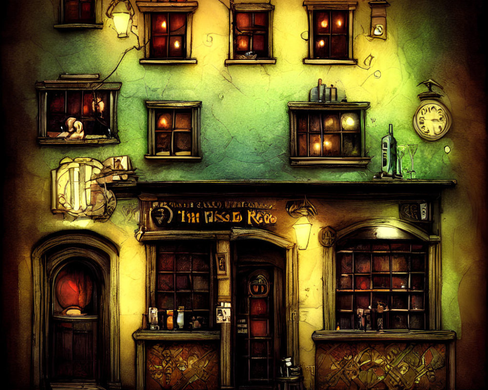 Illustration of Old Quaint Pub at Night with Glowing Windows