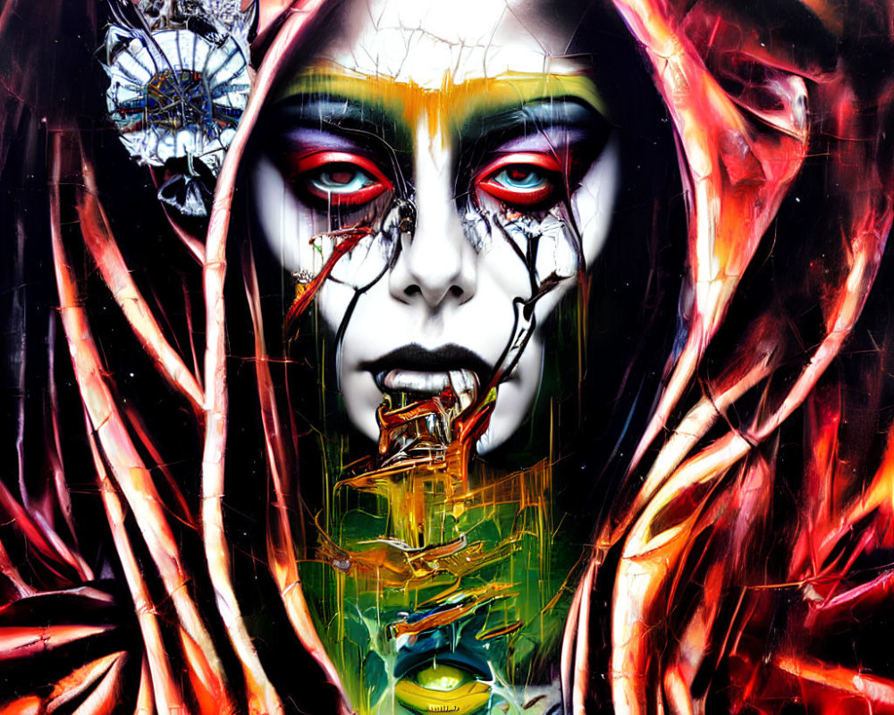 Colorful graffiti art featuring hooded figure with intense eyes and melting features