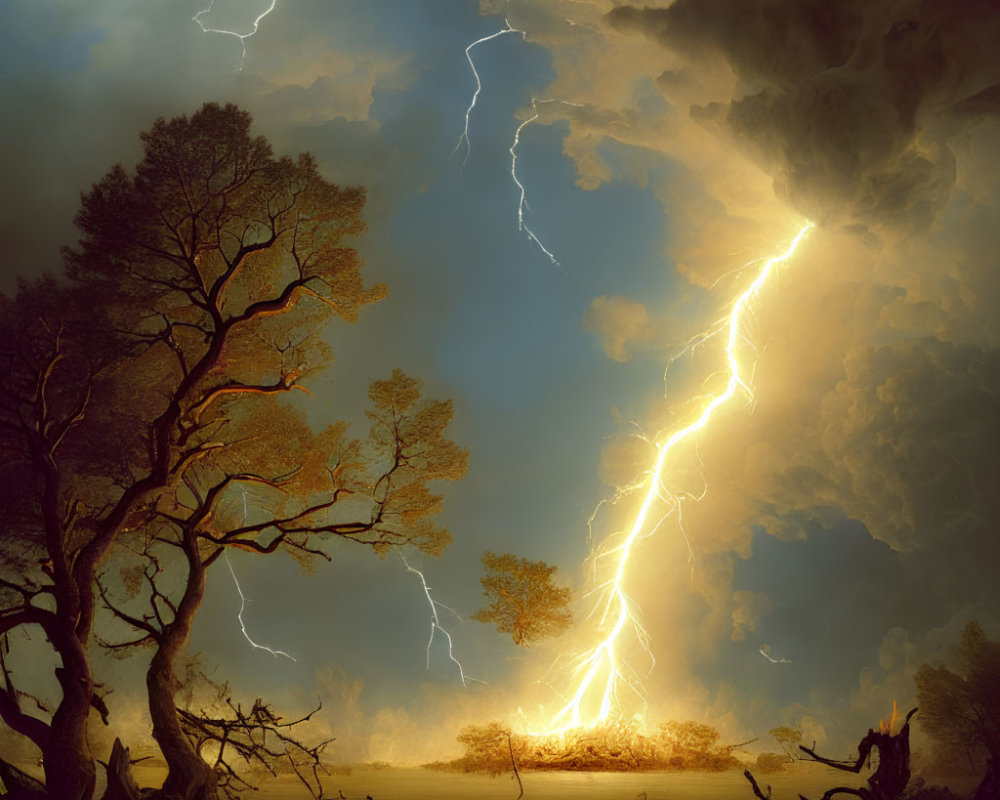 Stormy Sky with Lightning Bolts Striking Trees