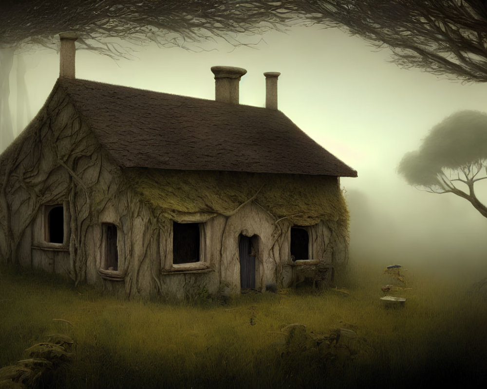 Thatched cottage in surreal foggy landscape with child and twisted trees