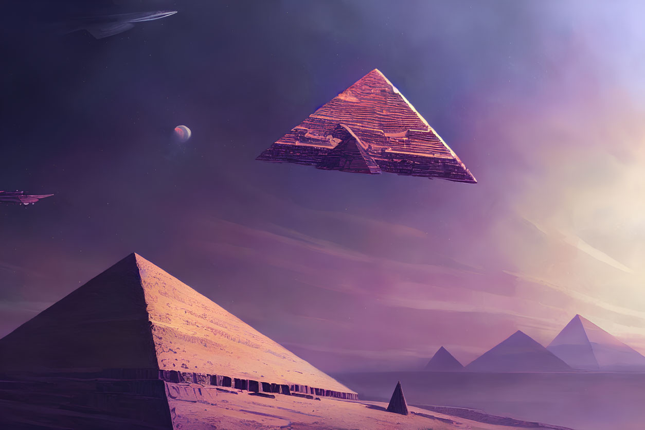 Alien landscape with Egyptian pyramids, purple sky, pyramid-shaped spaceships, and distant planet