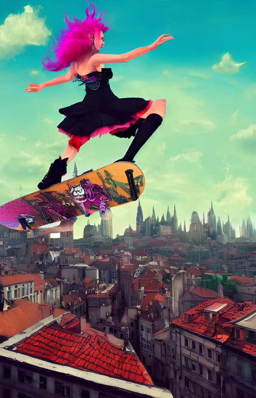 Pink-haired skateboarder performing trick above cityscape with historical buildings