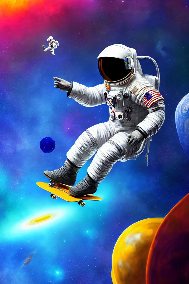 Astronaut skateboarding in space with colorful planets and floating astronaut