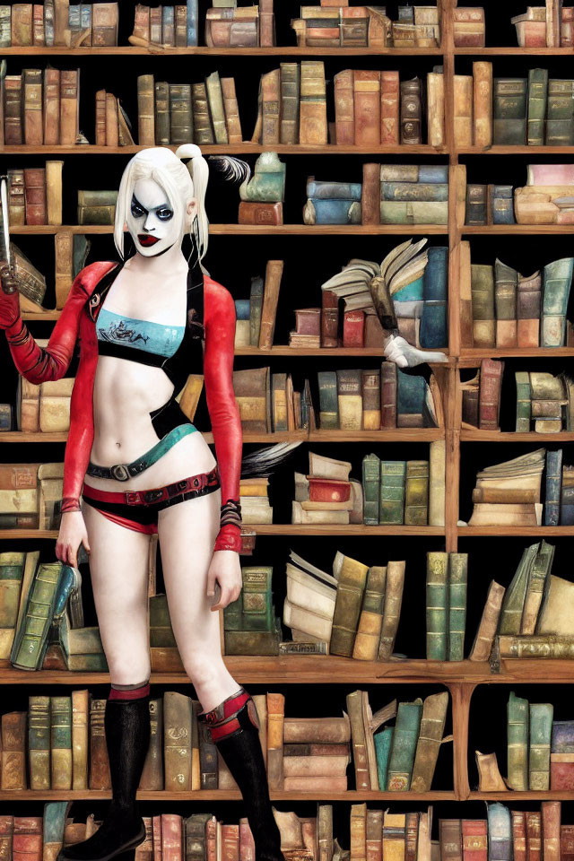 Stylized white-haired female character in red and black punk outfit among rows of books