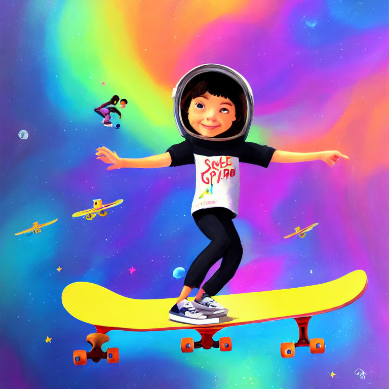 Colorful cartoon of child skateboarding on cosmic background