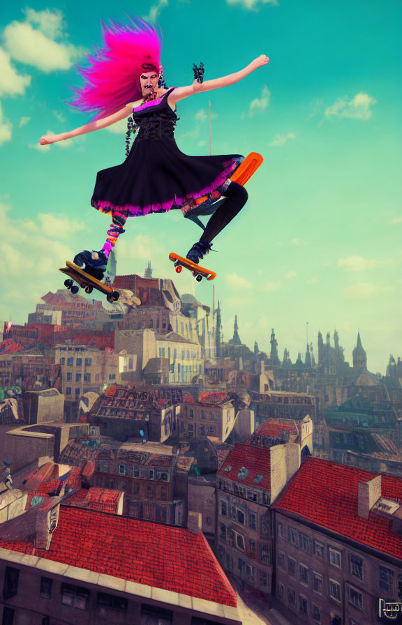 Digital Artwork: Person with Pink Hair Skateboarding above Surreal Cityscape