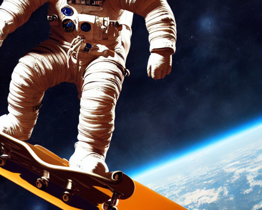 Astronaut skateboards off ramp into space