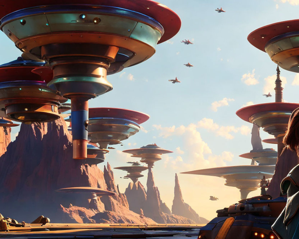 Futuristic cityscape: Mushroom-like skyscrapers, flying vehicles, clear blue sky