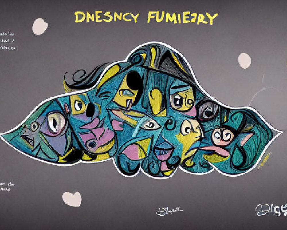 Colorful graffiti-style illustration with whimsical cartoon faces and tags
