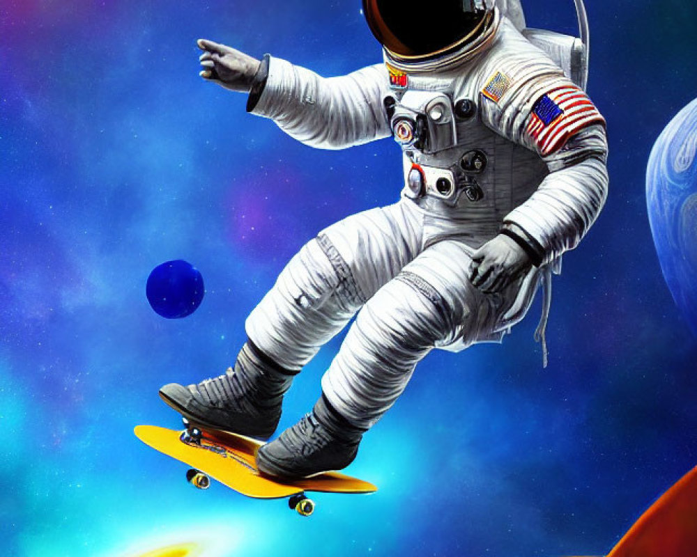 Astronaut skateboarding in space with colorful planets and floating astronaut