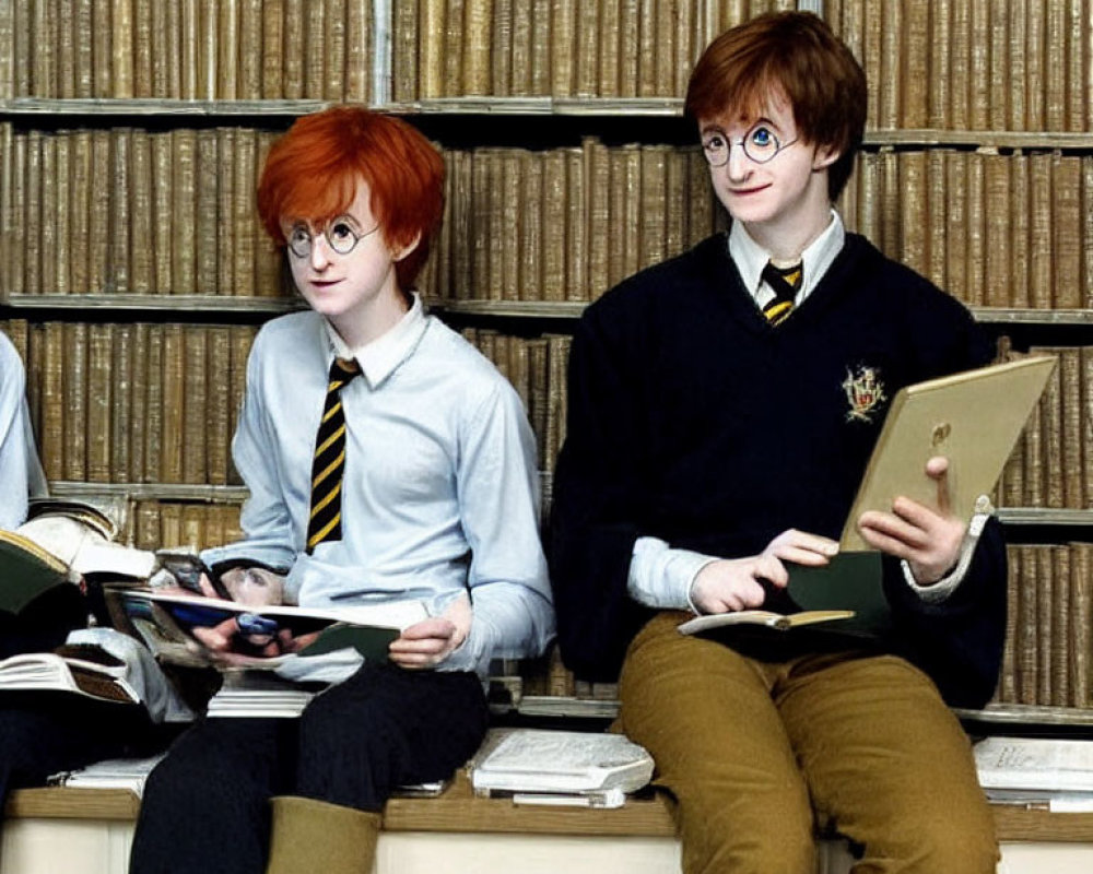 Two individuals in school uniforms at a bookshelf with books and clipboard