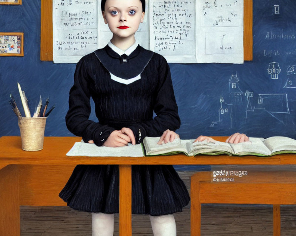 Young girl in school uniform at desk with open book against chalkboard.