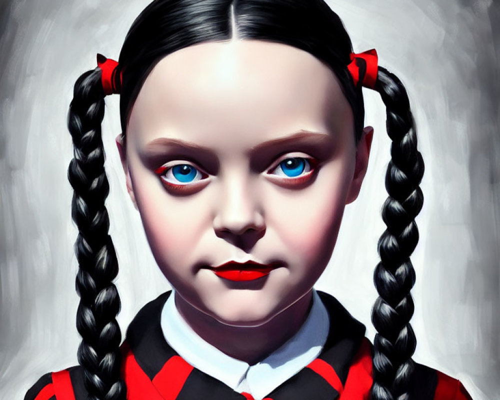 Digital painting: Girl with braided pigtails, blue eyes, red ribbons, gothic