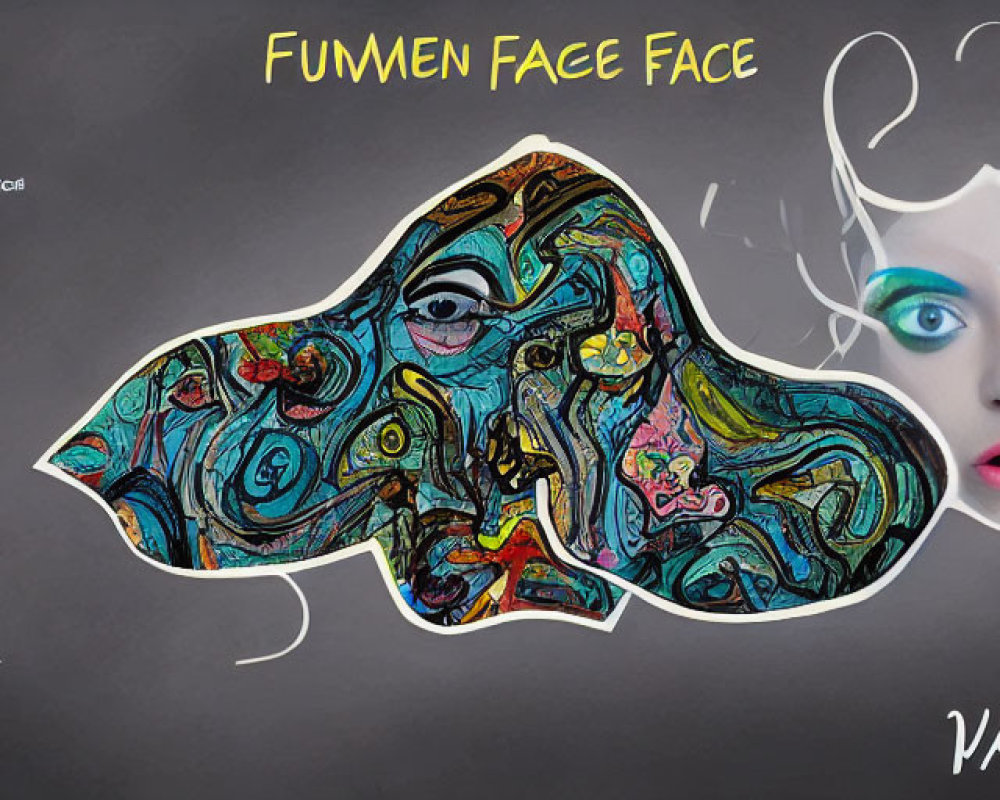 Abstract vs. realistic dual-face artwork with swirling lines and text elements