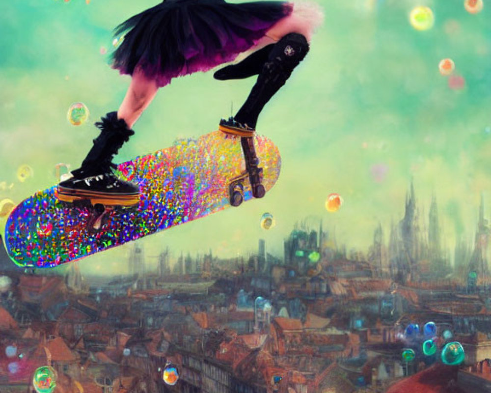 Purple-haired person skateboarding on colorful oversized board in cityscape with bubbles and rainbow
