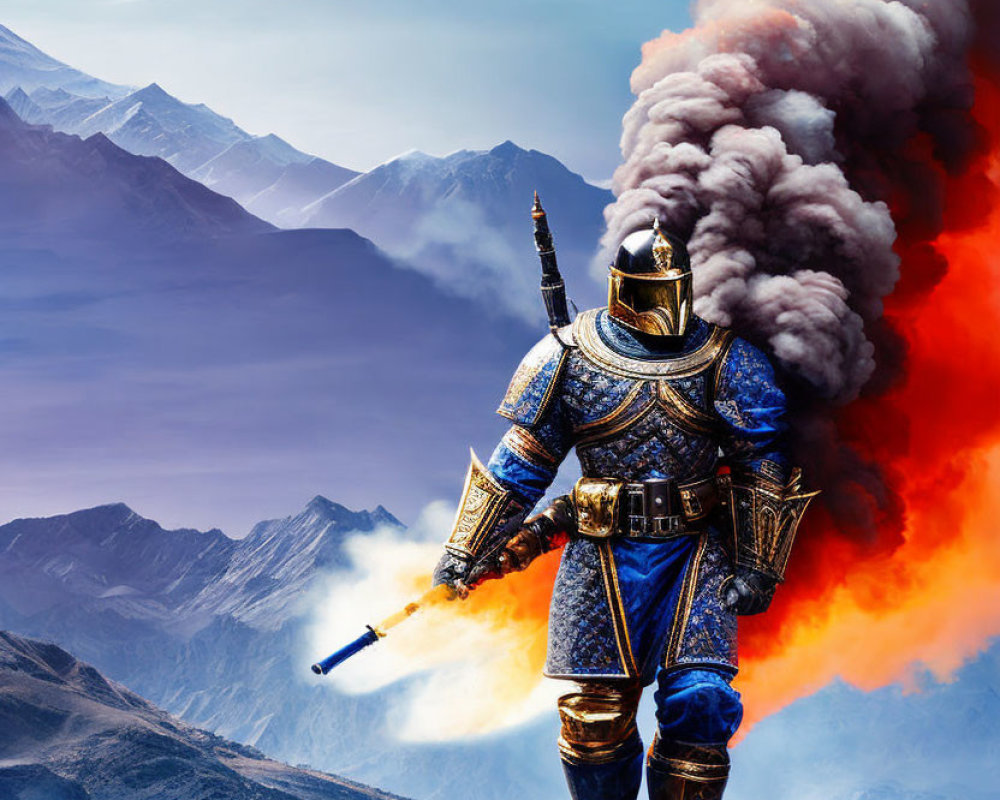 Ornate blue and gold armored knight against fiery mountain backdrop