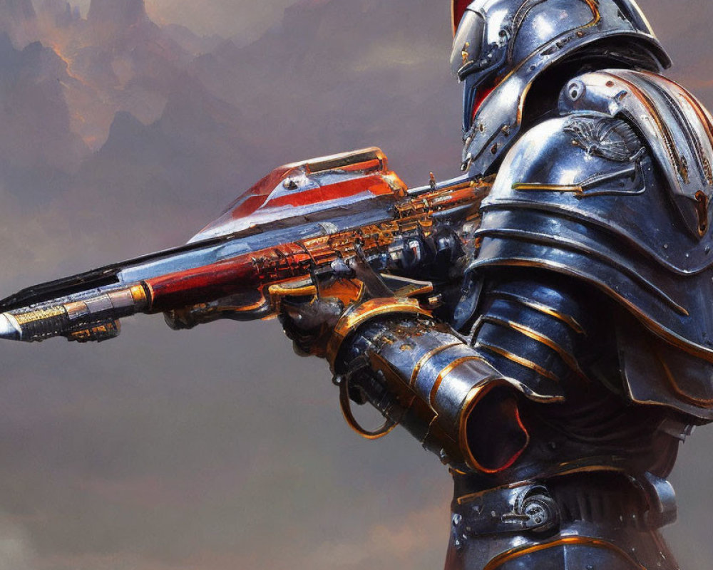 Futuristic knight in reflective armor with high-tech rifle under orange sky