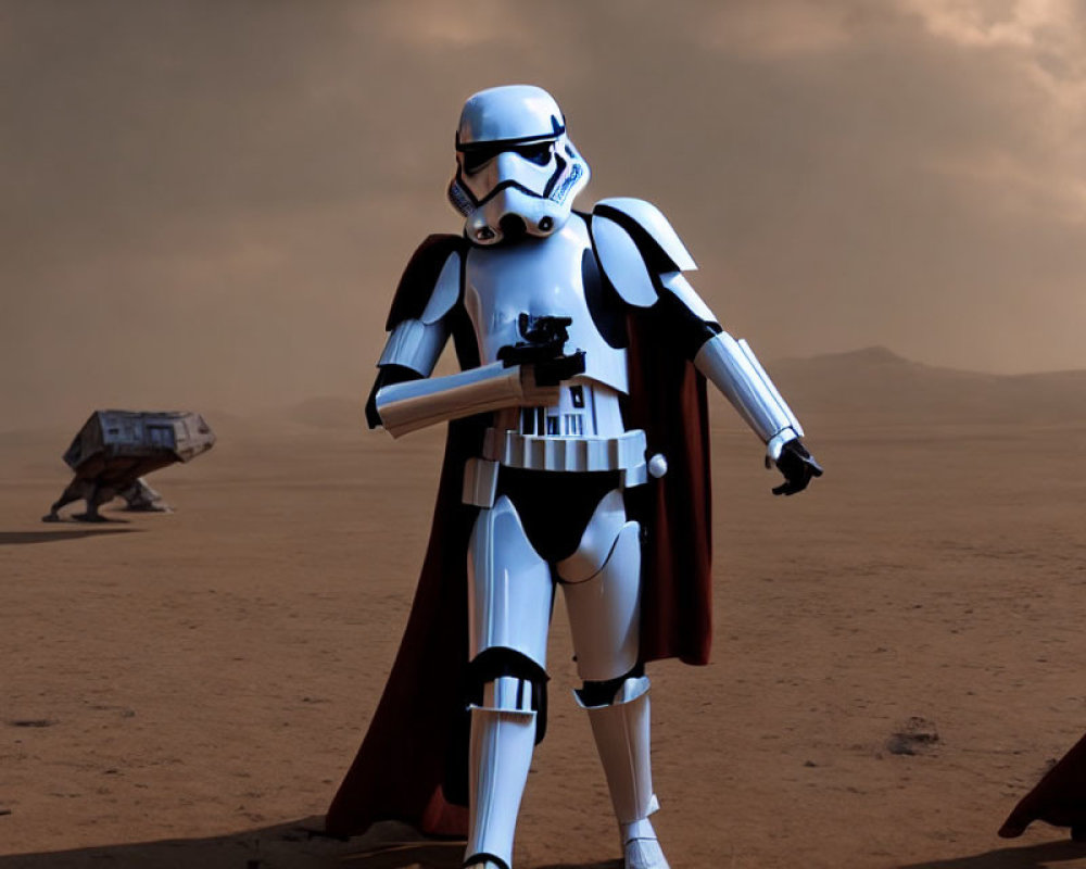 Stormtrooper with cape in desert landscape with walker under hazy sky