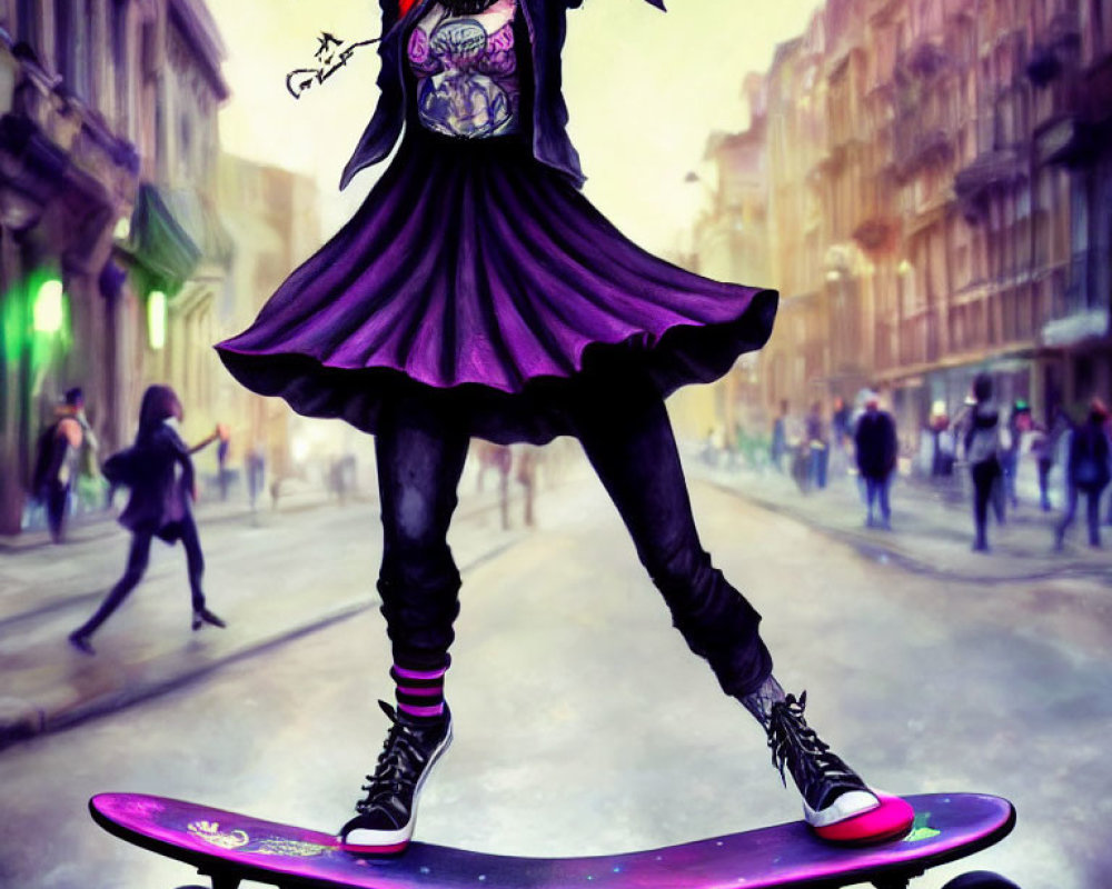 Illustration of red-haired girl skateboarding in city street outfit