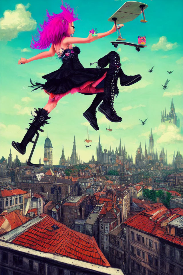 Whimsical artwork of girl with pink hair in fantastical cityscape