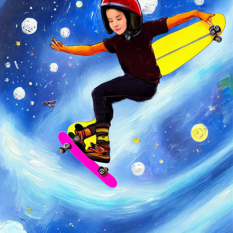 Skateboarder in cosmic space with blue swirls and celestial bodies