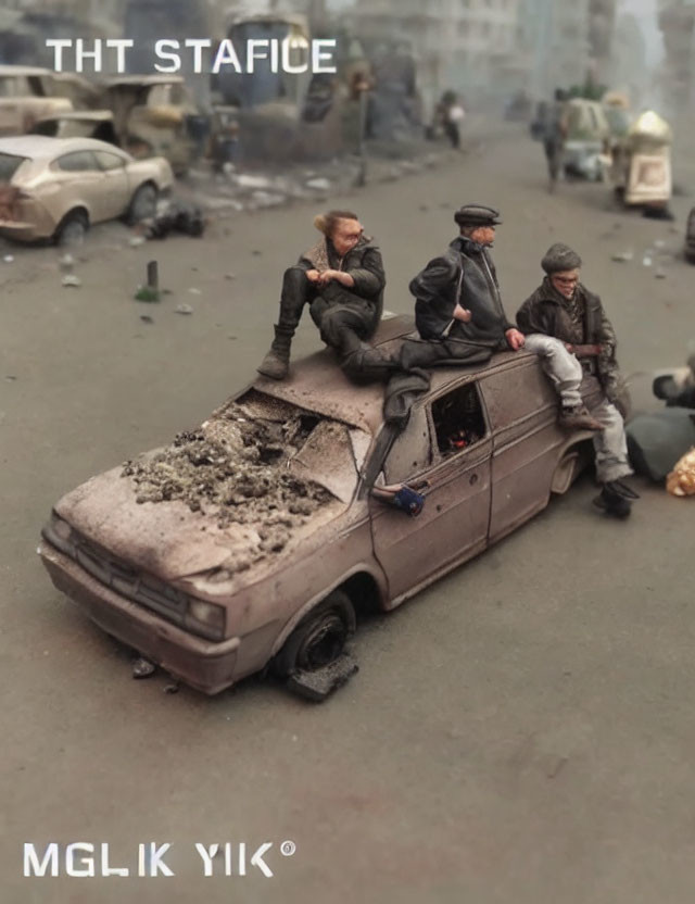 Miniature figures on abandoned car in post-apocalyptic diorama