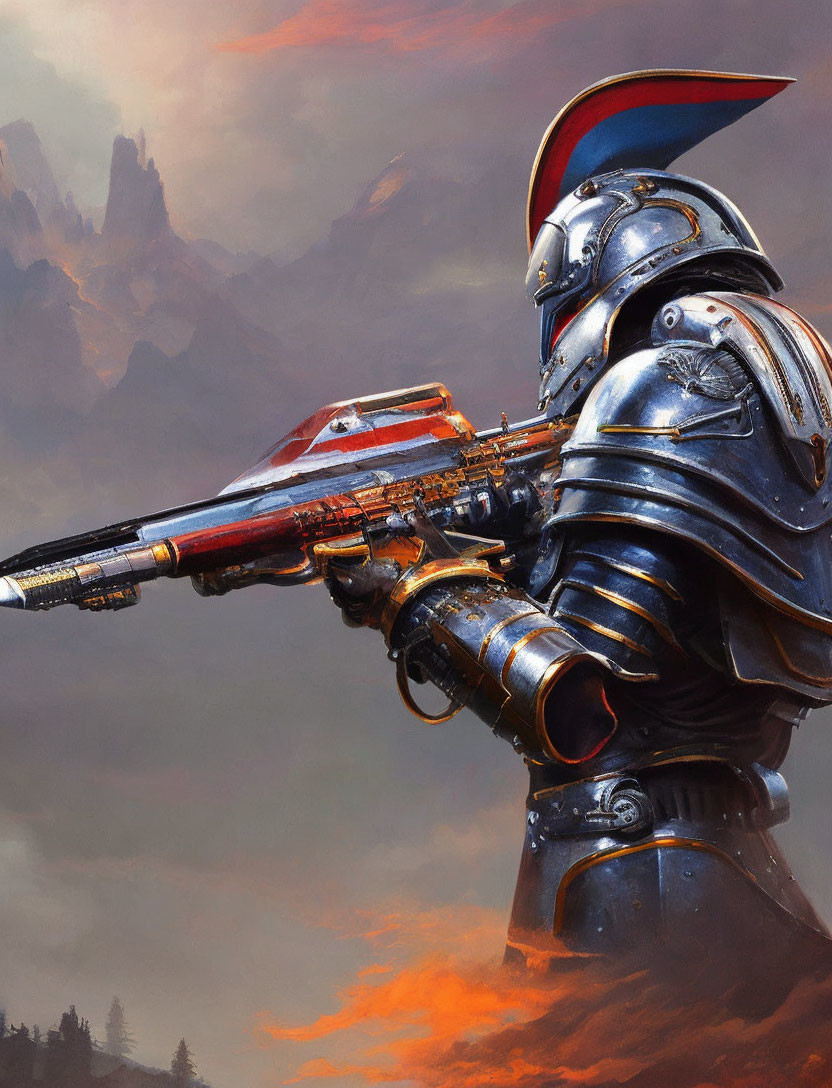 Futuristic knight in reflective armor with high-tech rifle under orange sky