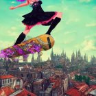 Pink-haired skateboarder performing trick above cityscape with historical buildings