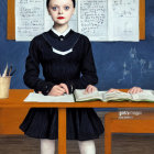 Student in traditional uniform studying at desk with open books and pens in front of chalkboard with mathematical equations