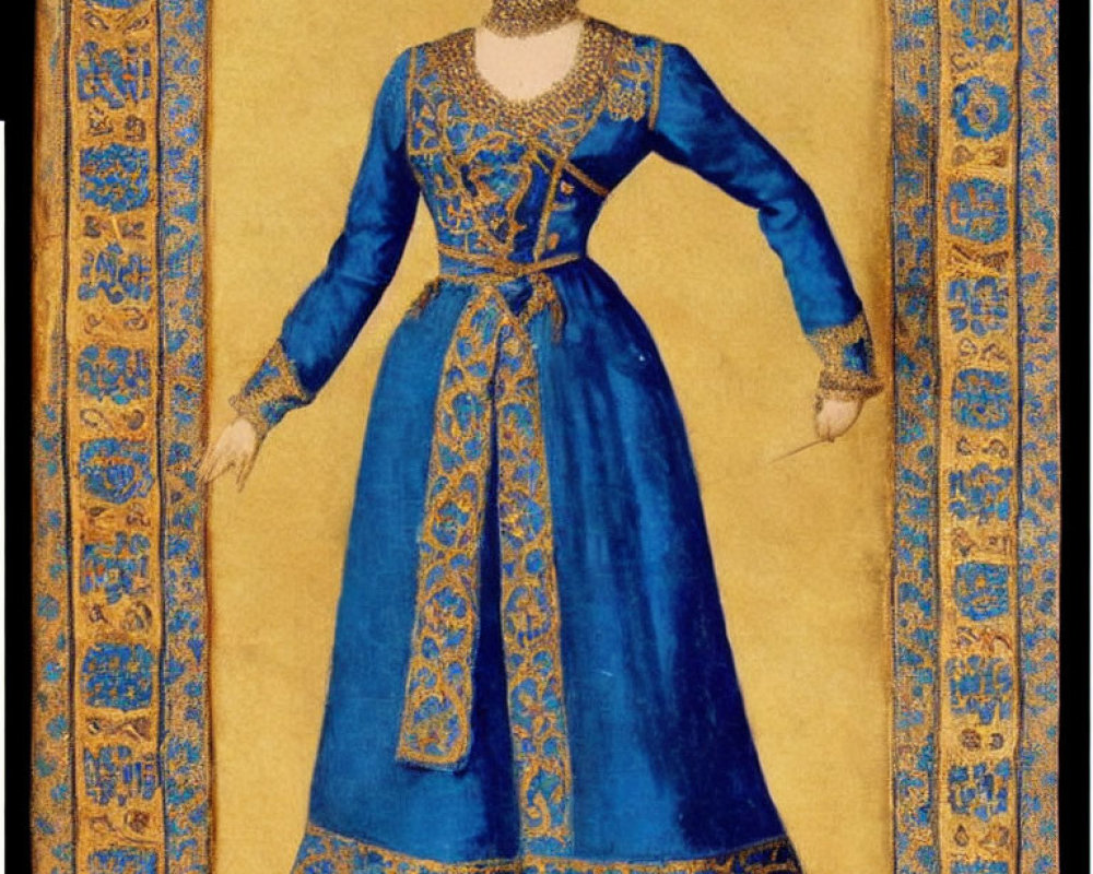 Figure in Royal Blue Dress Against Yellow Background with Blue Patterns