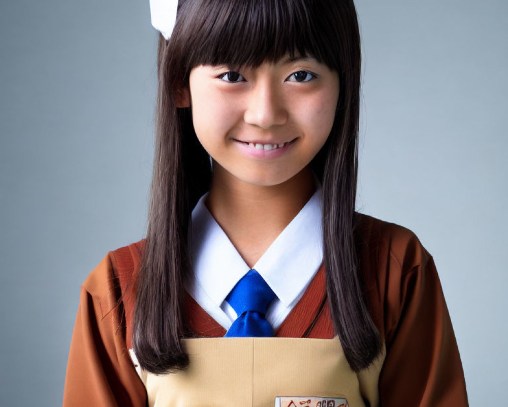 Young girl in brown school uniform with badge, white collar, necktie, and straight hair, smiling
