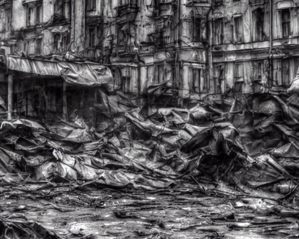 Monochrome image of severely damaged building with rubble and debris.