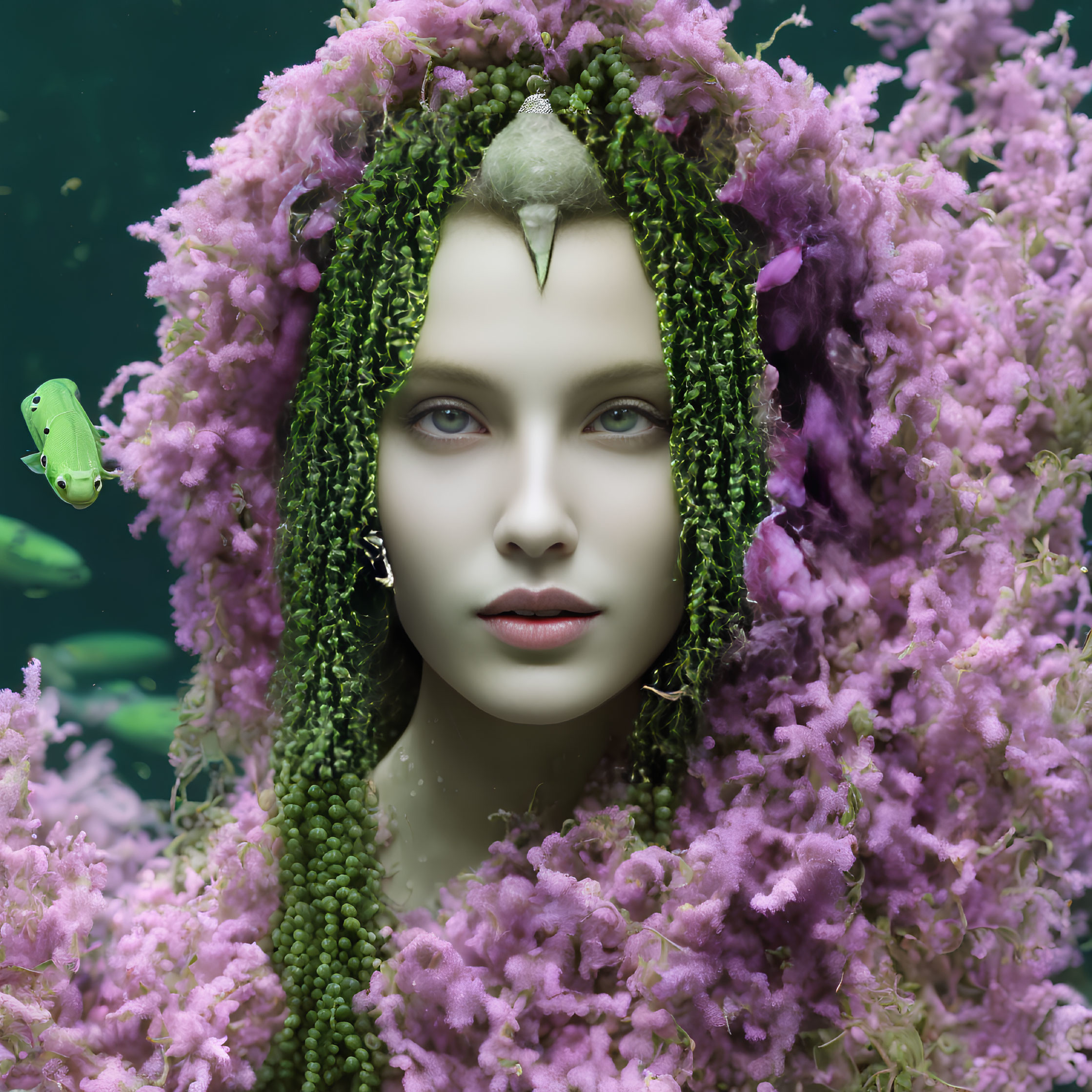 Vibrant surreal portrait with female face and green creature in flora