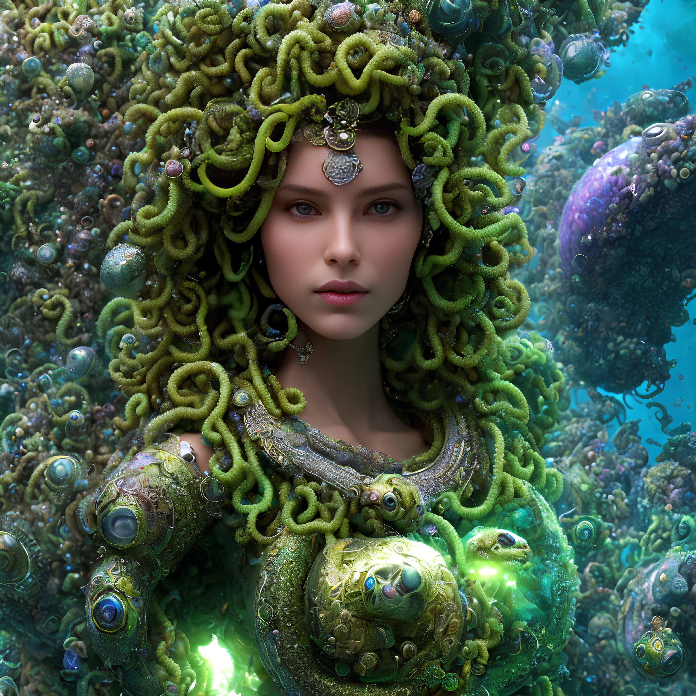 Digital Artwork: Woman adorned with greenery, tentacles, orbs, and ornate jewelry