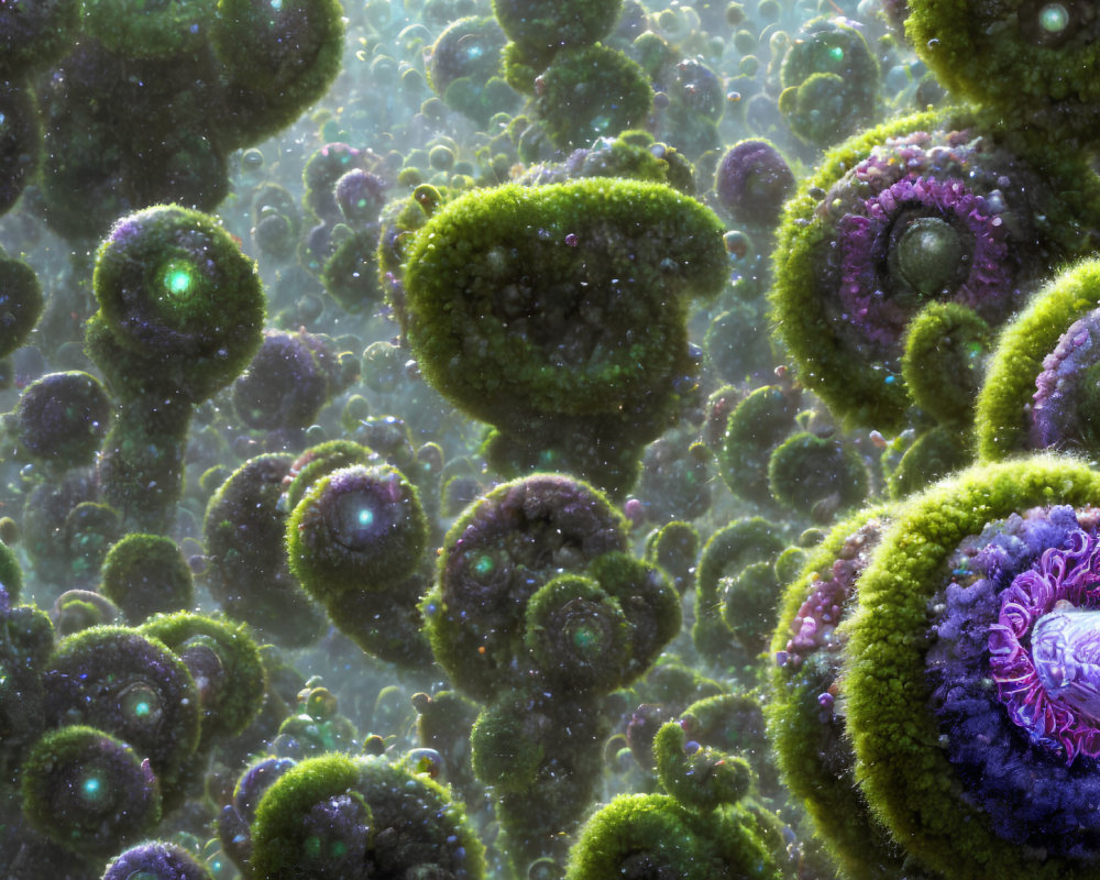 Green and Purple Intricate Cell Clusters with Glowing Details
