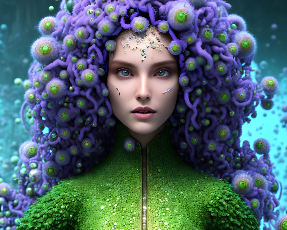 Digital artwork of woman with purple tentacle-like hair and green eyes on teal background with textured green outfit