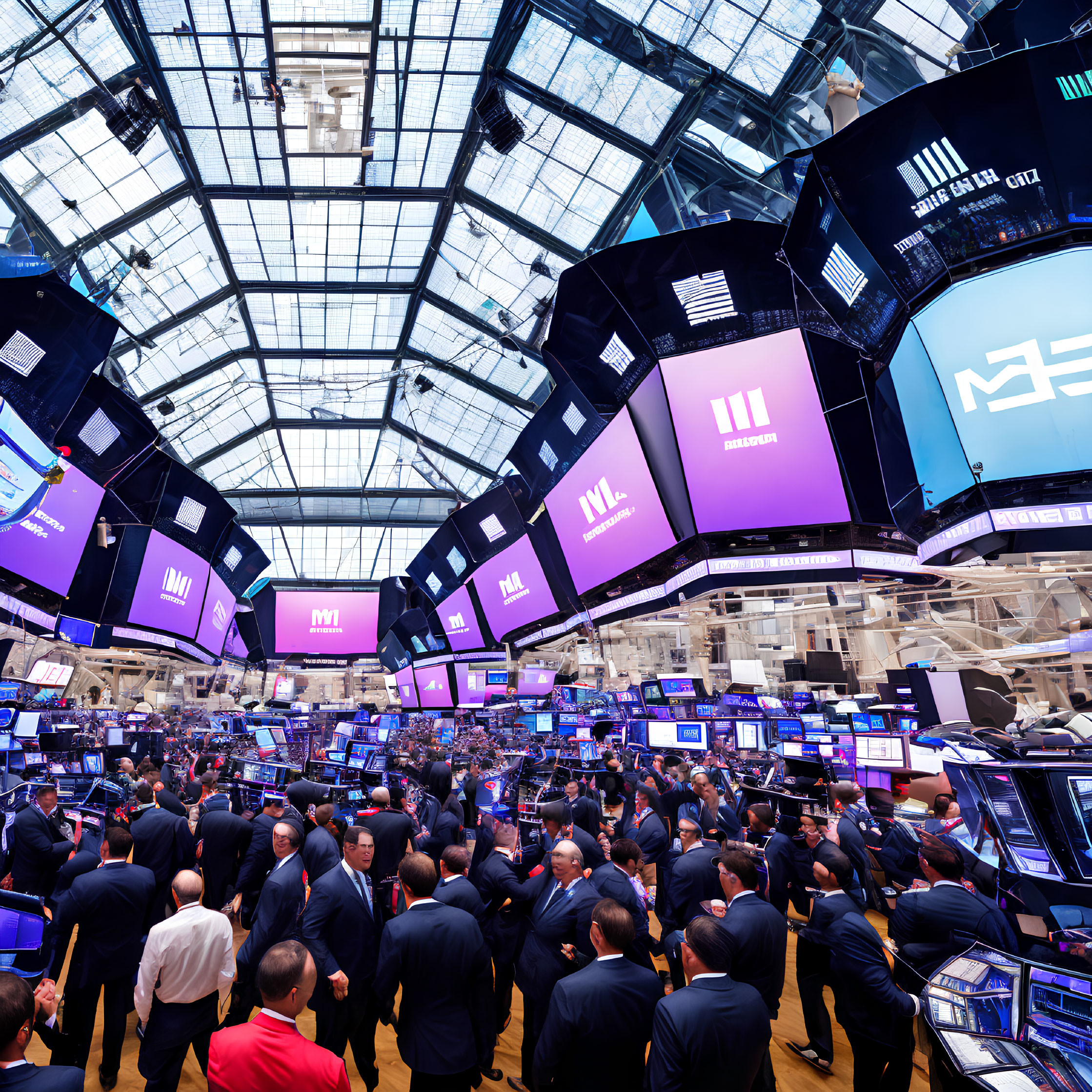 Dynamic Stock Exchange Floor with Traders and Financial Data Screens