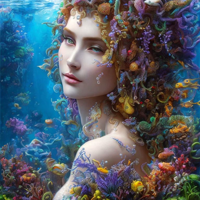 Fantasy Woman with Marine Life Hair in Vibrant Underwater Scene