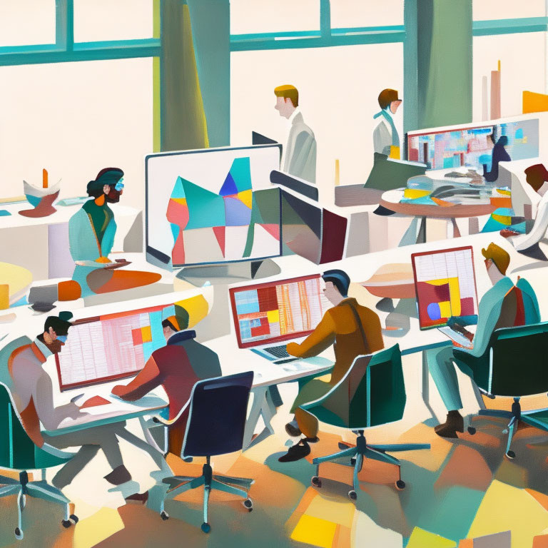 Vibrant illustration of modern office with people working at desks.